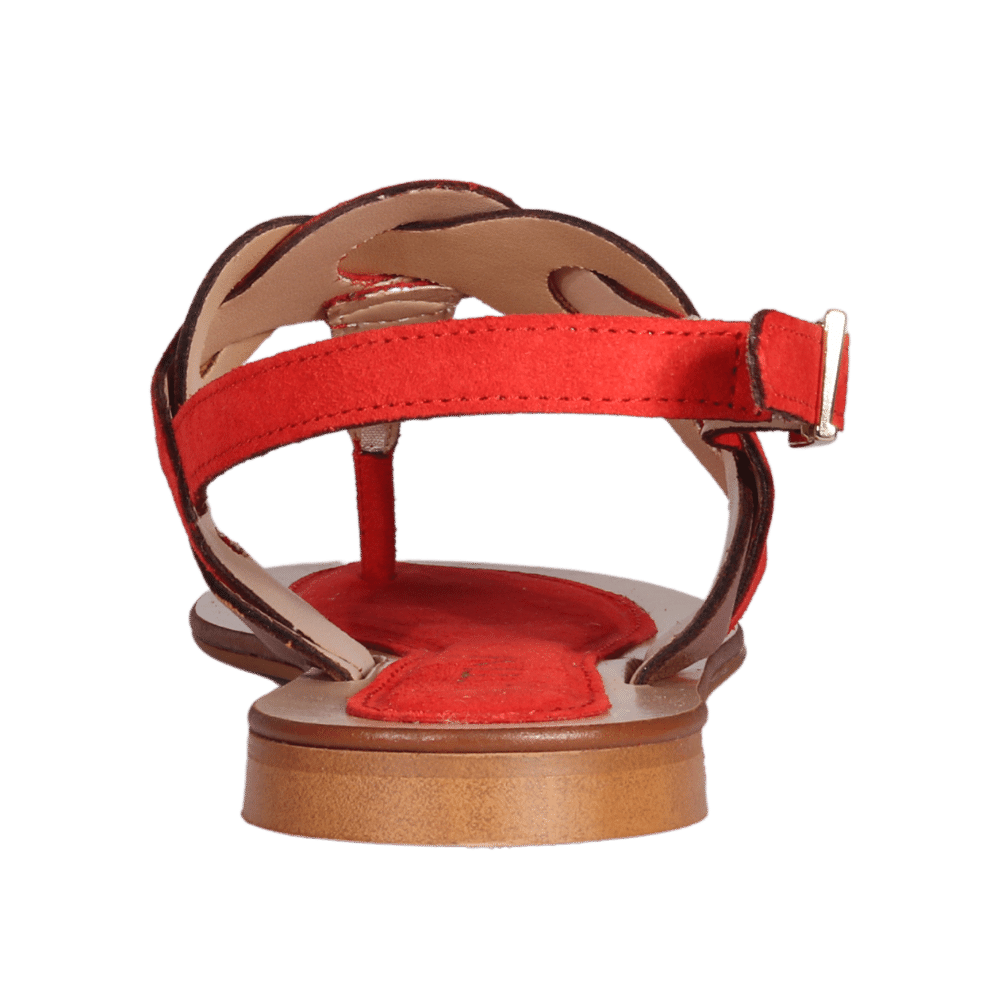 Ladies Italian Genuine Suede Leather T-Bar Flat Sandal in Tobacco & Red by Aliverti