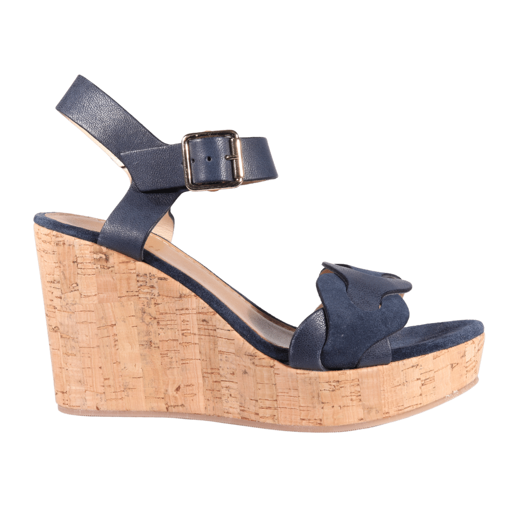 Ladies Italian Genuine Suede Leather Wedge Cork Sandal in Navy by