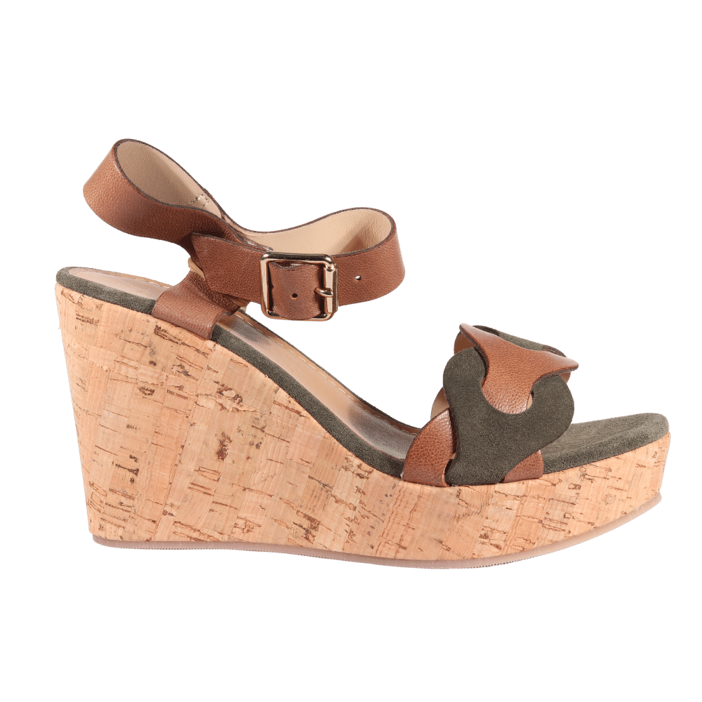 Ladies Italian Genuine Suede Leather Wedge Cork Sandal in Tobacco