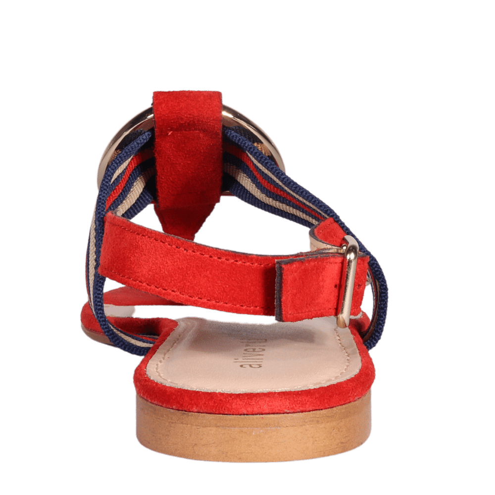 Ladies Italian Genuine Suede Leather & Fabric Flat Sandal with Stripe Detail in Corallo by Aliverti