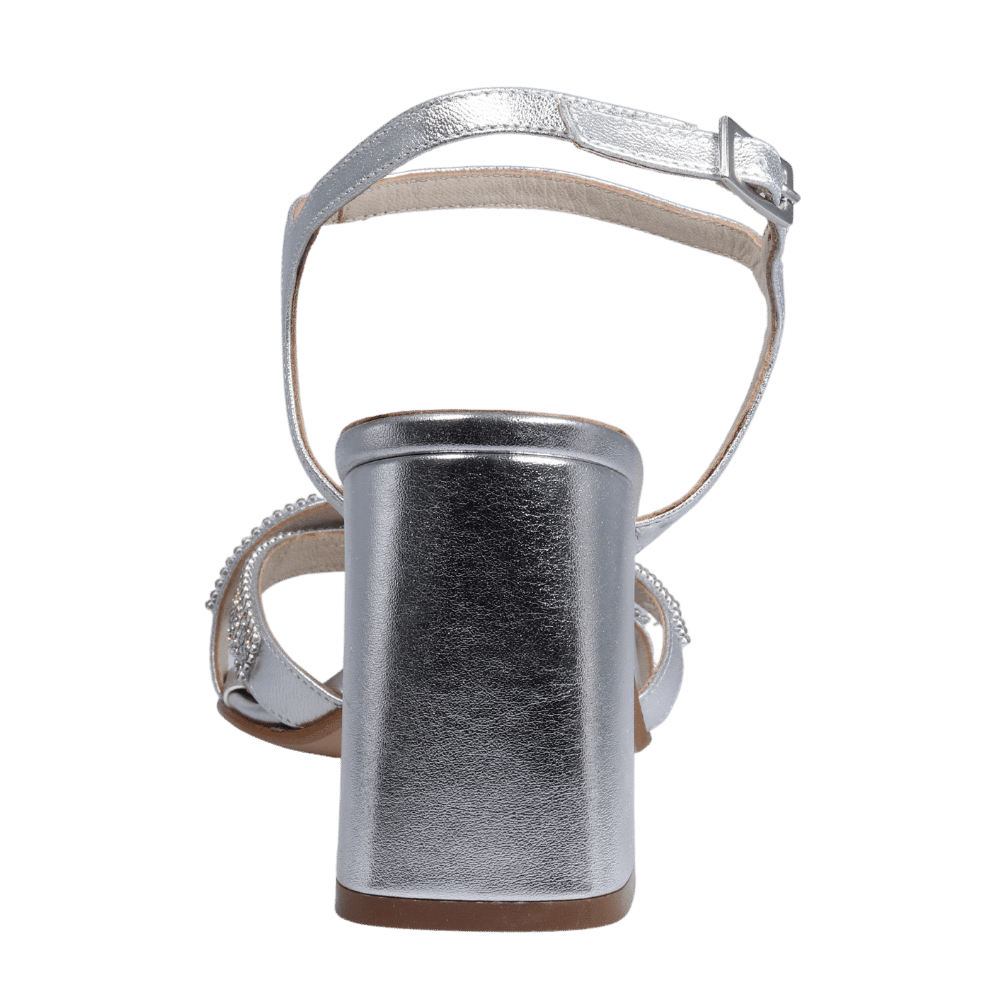 Ladies genuine leather block heel in silver with diamante/diamond finishings with adjustable ankle strap made in Italy exclusively for Aliverti (LUF1607MARG)