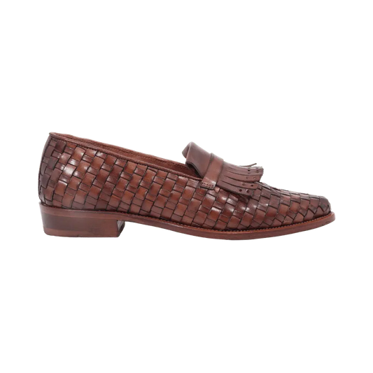 BRD9418 Ladies Hand Woven Moccasin with Fringe in Brown (BRD9418)
