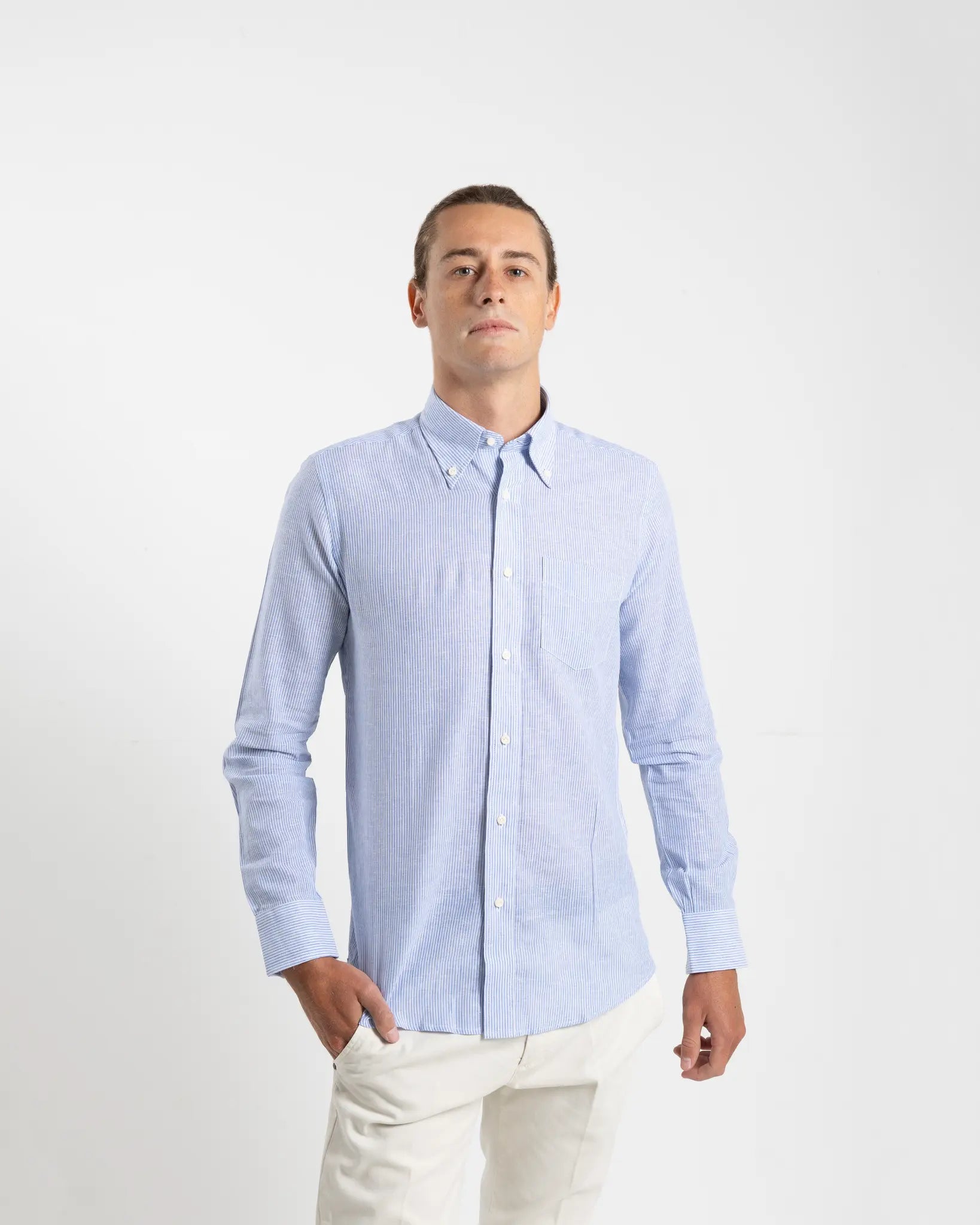 Fusaro Antonio Men's Lino Cotton Shirt in Striped Blue (CA22064)