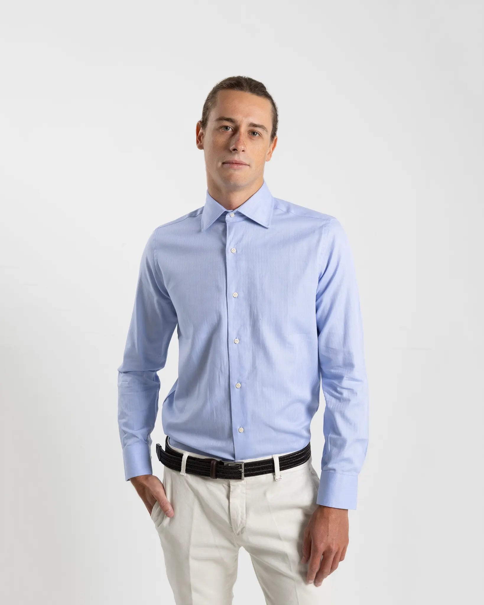 Fusaro Antonio Men's Regular Fit Cotton Shirt in Light Blue Fish Bone (CA22018 CA24006)