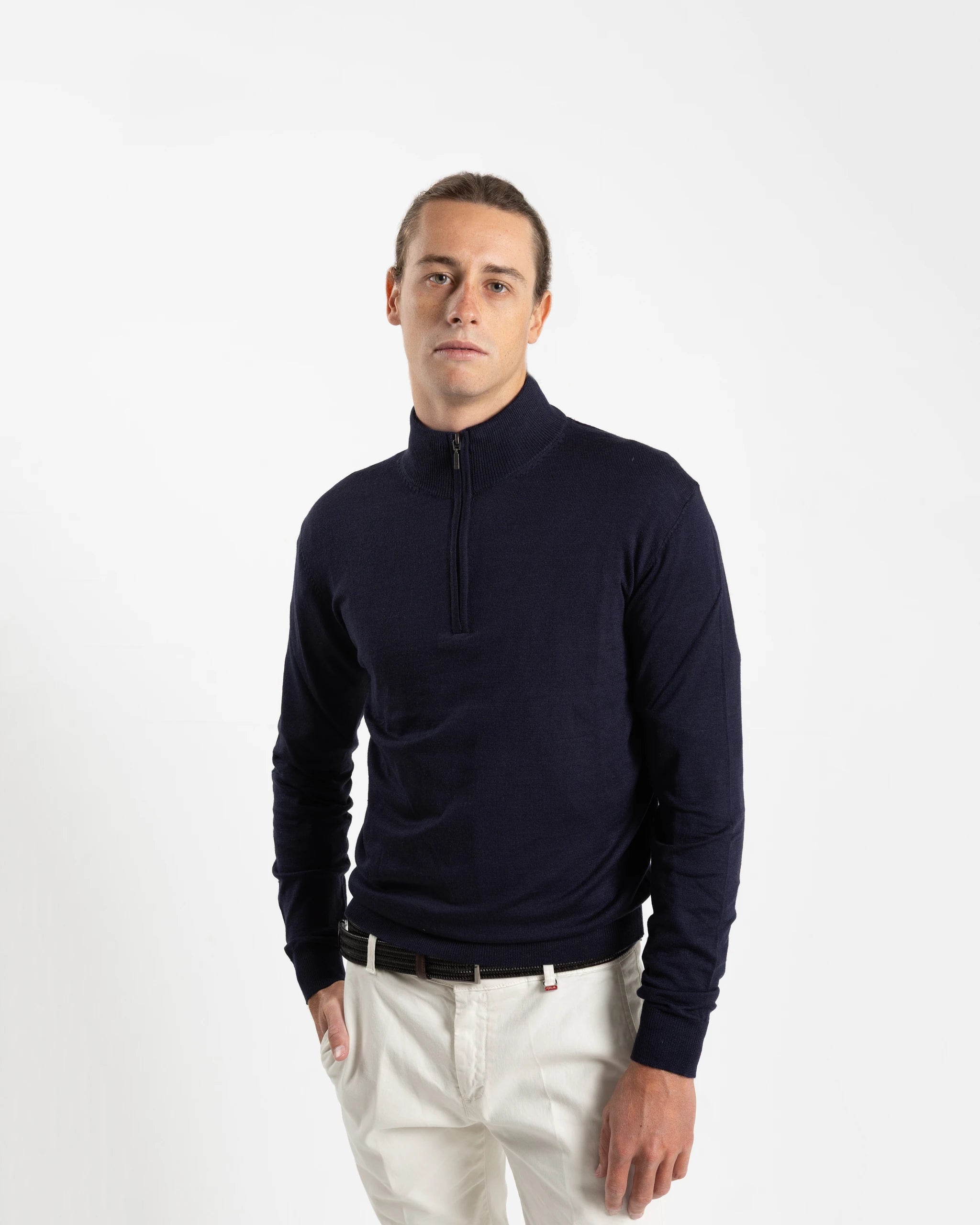 Fusaro Antonio Merino Wool Quarter Zip Jersey in Navy Blue (MA25020)