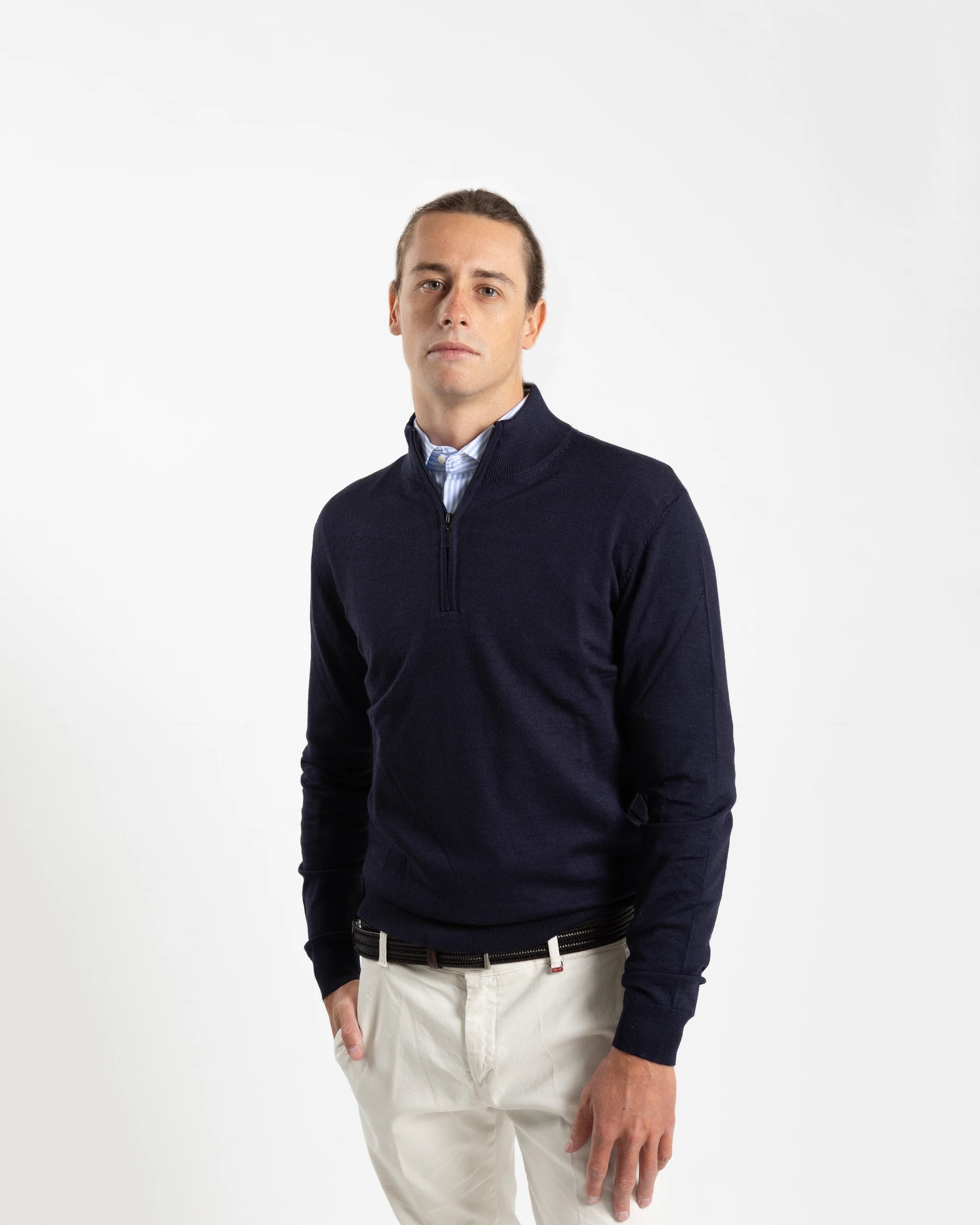 Fusaro Antonio Merino Wool Quarter Zip Jersey in Navy Blue (MA25020)