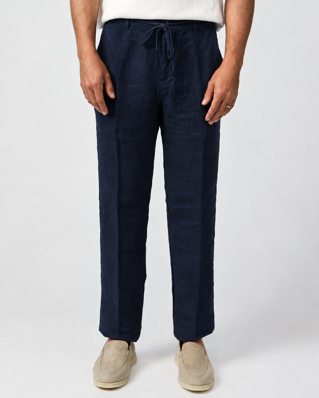 Navy Blue 100% linen drawstring trousers, Amalfi by Aliverti, made in Italy.