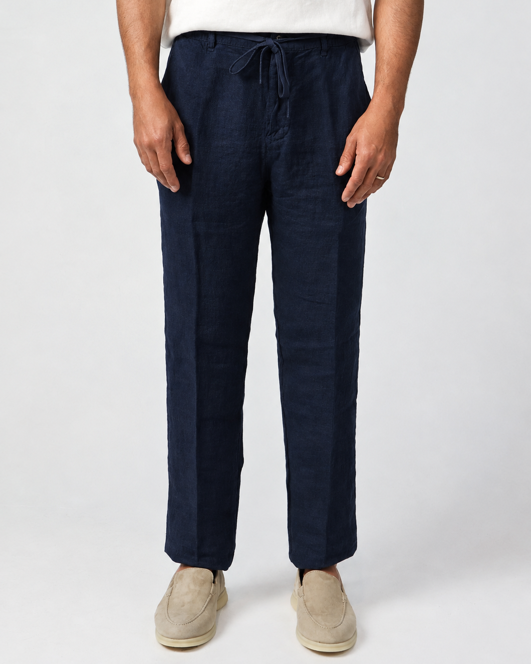 Navy Blue 100% linen drawstring trousers, Amalfi by Aliverti, made in Italy.
