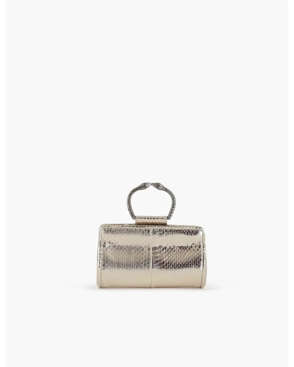 Clutch in precious silver-colored snake leather with round rigid body and removable leather strap.Brass bracelet, iconic accessory of the Tramontano archive handcrafted.Top closure with double magnets.

Microfiber lining. Accessories in gold finish.

Material: Snake Elaphe
Dimensions: 20x11x7 cm