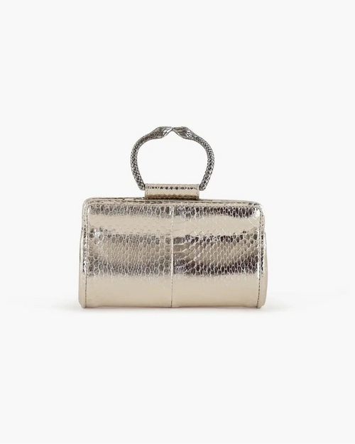 Clutch in precious silver-colored snake leather with round rigid body and removable leather strap.Brass bracelet, iconic accessory of the Tramontano archive handcrafted.Top closure with double magnets.

Microfiber lining. Accessories in gold finish.

Material: Snake Elaphe
Dimensions: 20x11x7 cm