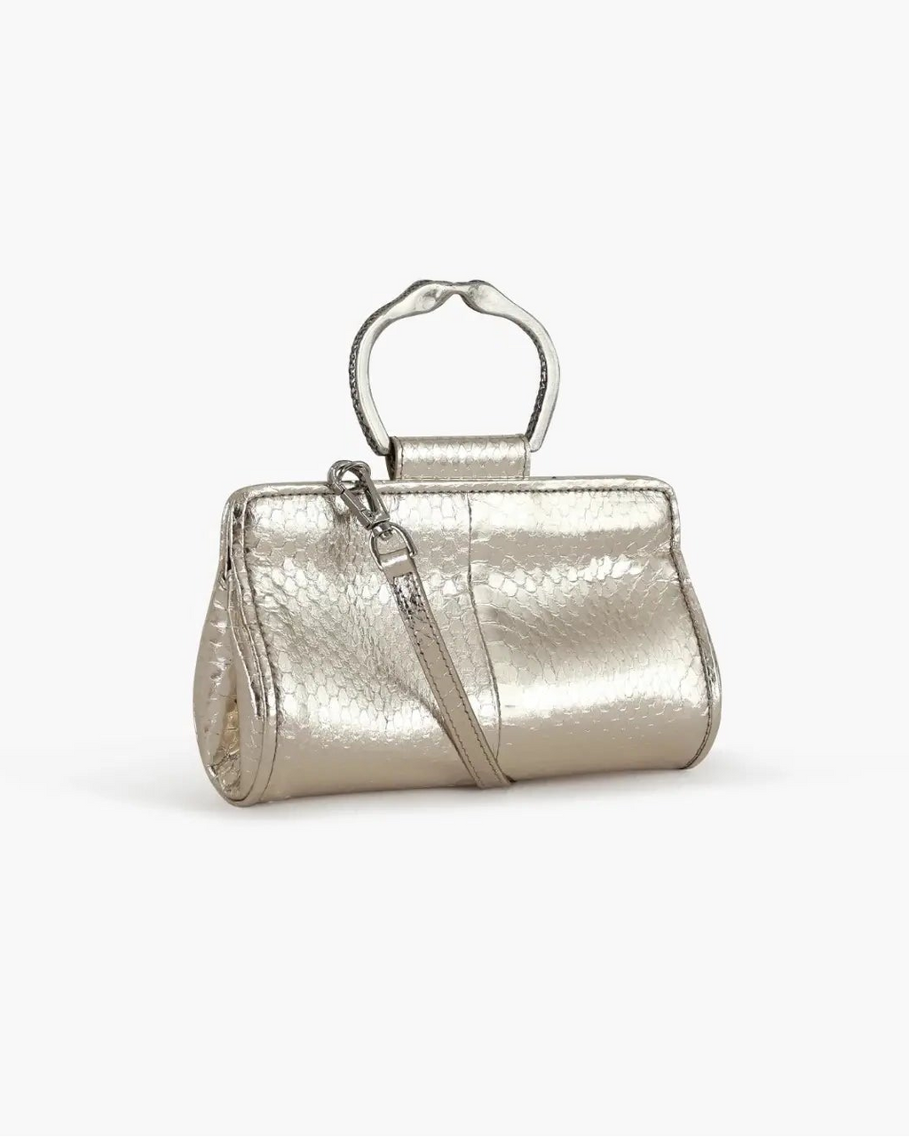 Clutch in precious silver-colored snake leather with round rigid body and removable leather strap.Brass bracelet, iconic accessory of the Tramontano archive handcrafted.Top closure with double magnets.

Microfiber lining. Accessories in gold finish.

Material: Snake Elaphe
Dimensions: 20x11x7 cm