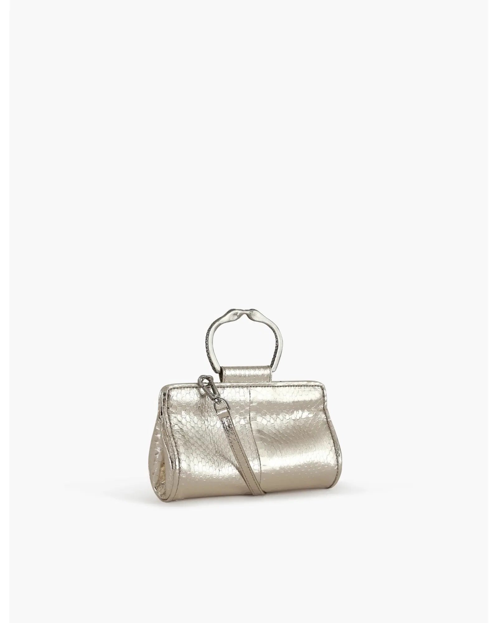 Clutch in precious silver-colored snake leather with round rigid body and removable leather strap.Brass bracelet, iconic accessory of the Tramontano archive handcrafted.Top closure with double magnets.

Microfiber lining. Accessories in gold finish.

Material: Snake Elaphe
Dimensions: 20x11x7 cm