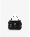 Beauty bag made of precious lambskin with a wrinkled effect and a delicate polished finish, with hand handle and adjustable and removable leather shoulder strap.

Upper zipper. The bag is equipped with a practical makeup mirror and a leather lipstick compartment.

Accessories with gold finish.

Material: Moon lamb
Dimensions: 19x14x10 cm