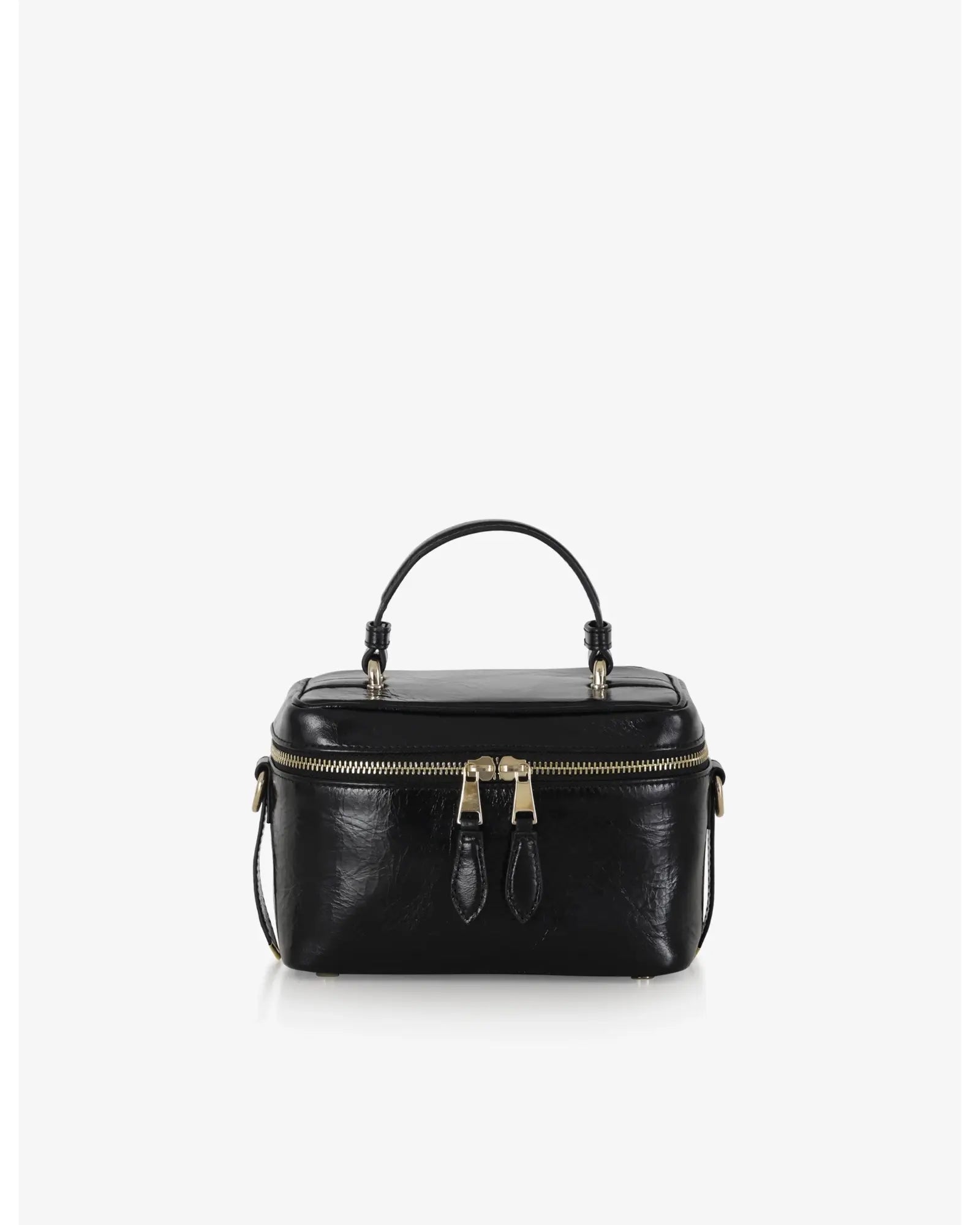 Beauty bag made of precious lambskin with a wrinkled effect and a delicate polished finish, with hand handle and adjustable and removable leather shoulder strap.

Upper zipper. The bag is equipped with a practical makeup mirror and a leather lipstick compartment.

Accessories with gold finish.

Material: Moon lamb
Dimensions: 19x14x10 cm
