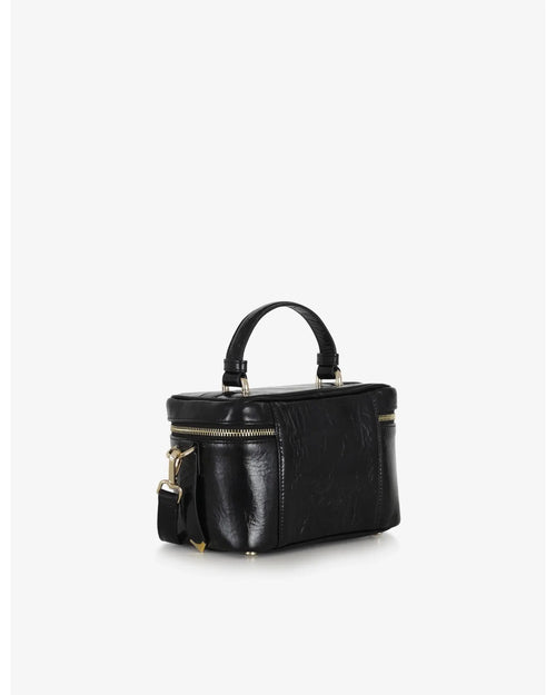 Beauty bag made of precious lambskin with a wrinkled effect and a delicate polished finish, with hand handle and adjustable and removable leather shoulder strap.

Upper zipper. The bag is equipped with a practical makeup mirror and a leather lipstick compartment.

Accessories with gold finish.

Material: Moon lamb
Dimensions: 19x14x10 cm