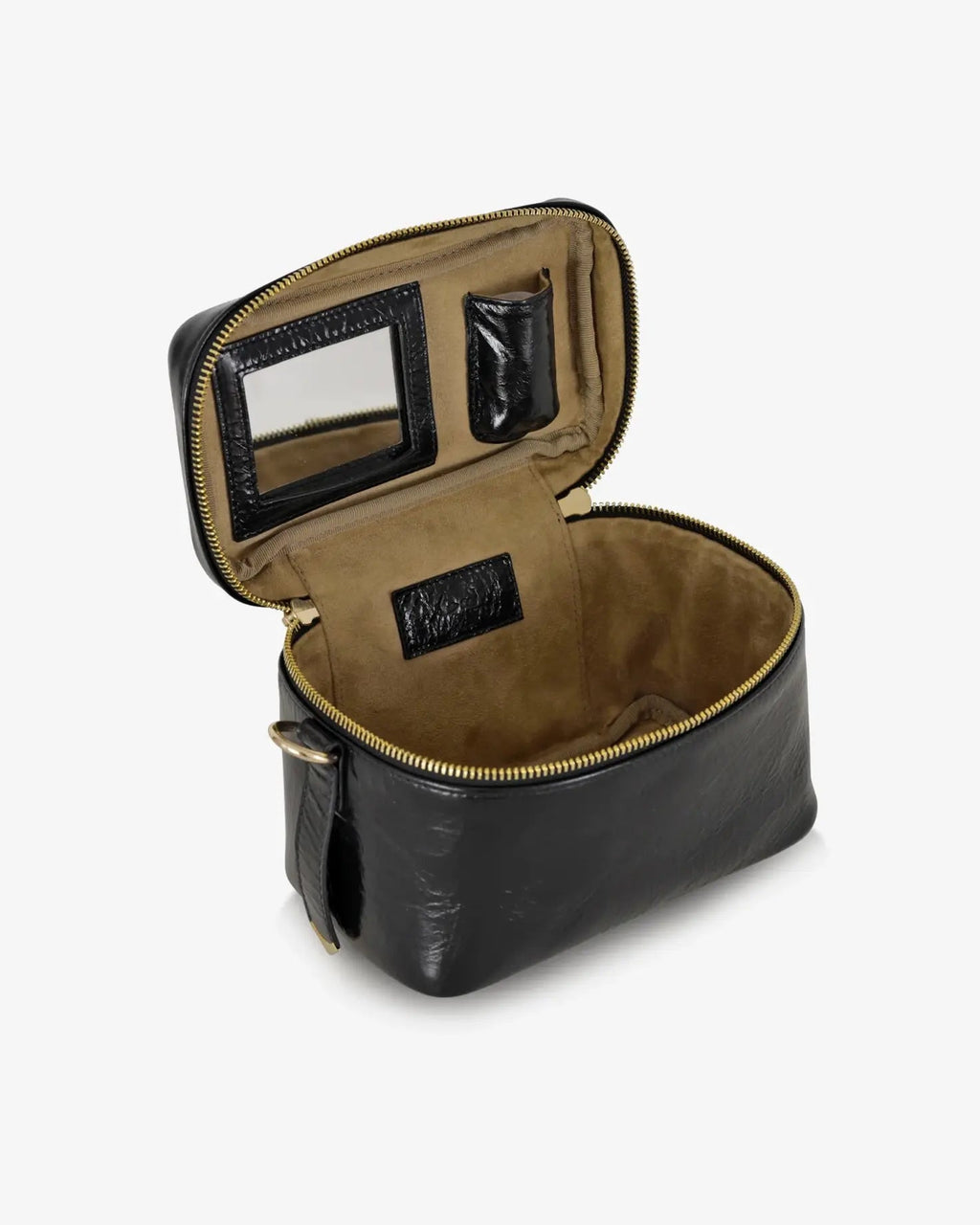 Beauty bag made of precious lambskin with a wrinkled effect and a delicate polished finish, with hand handle and adjustable and removable leather shoulder strap.

Upper zipper. The bag is equipped with a practical makeup mirror and a leather lipstick compartment.

Accessories with gold finish.

Material: Moon lamb
Dimensions: 19x14x10 cm