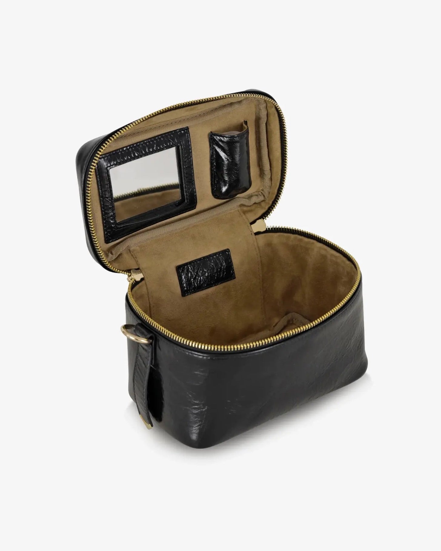 Beauty bag made of precious lambskin with a wrinkled effect and a delicate polished finish, with hand handle and adjustable and removable leather shoulder strap.

Upper zipper. The bag is equipped with a practical makeup mirror and a leather lipstick compartment.

Accessories with gold finish.

Material: Moon lamb
Dimensions: 19x14x10 cm