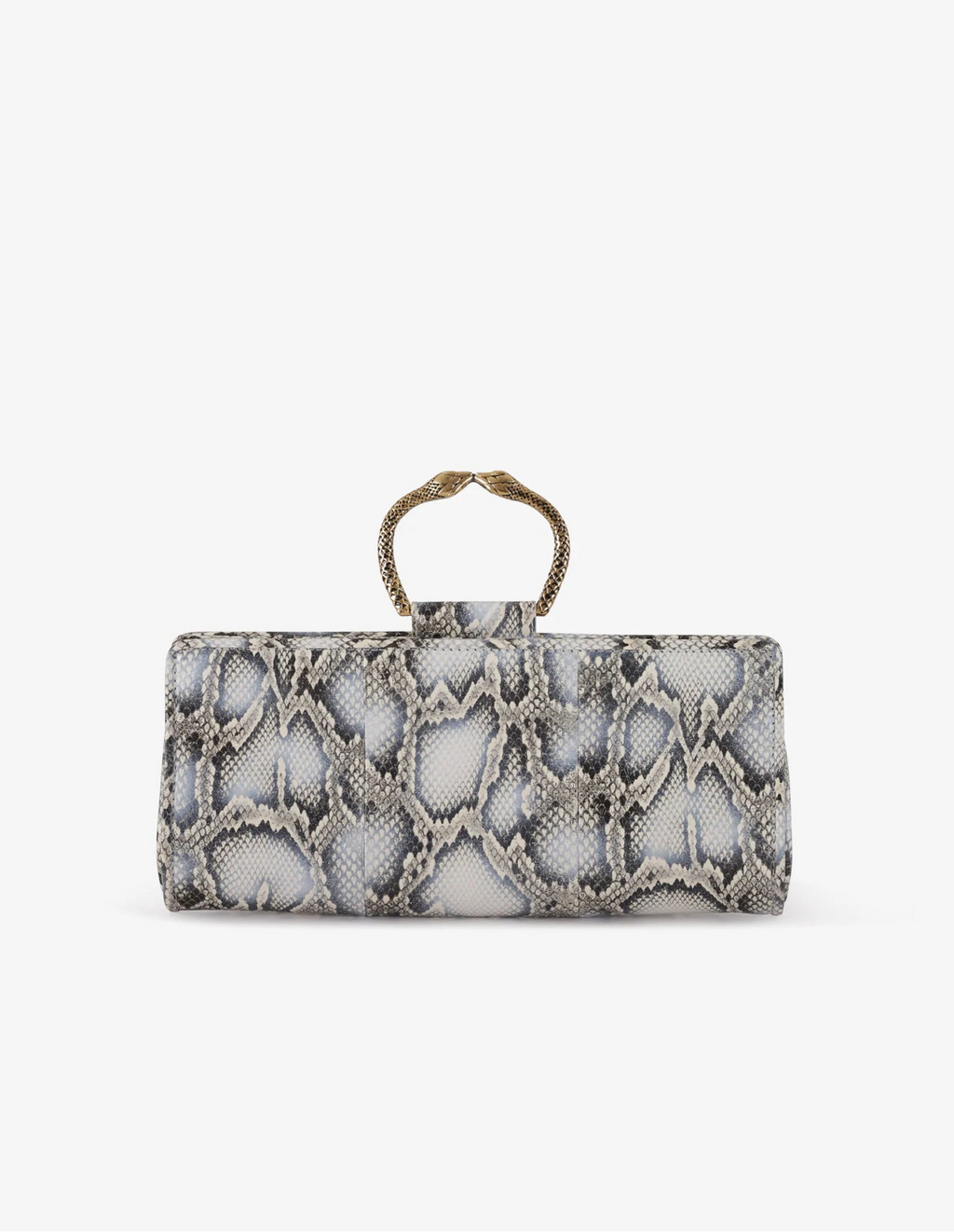 Clutch in precious snake leather with rounding rigid body and removable leather crossbody.Brass bracelet, iconic accessory of the Tramontano archive handcrafted.Top closure with double magnets. Microfiber lining. Accessories in gold finish. Material: Snake ElapheDimensions: 31x12x8 cm