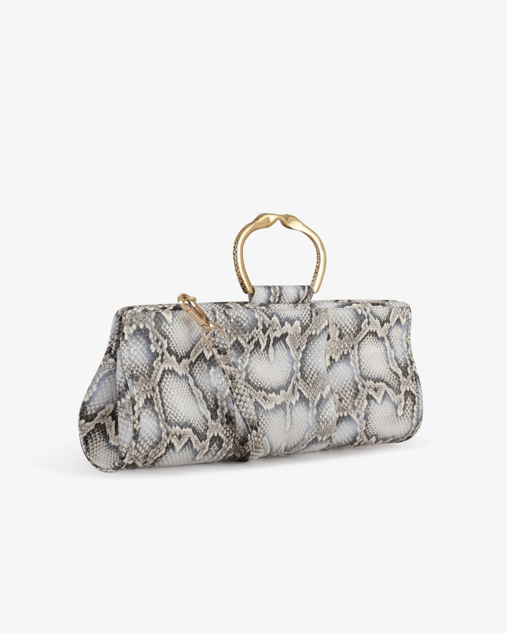 Clutch in precious snake leather with rounding rigid body and removable leather crossbody.Brass bracelet, iconic accessory of the Tramontano archive handcrafted.Top closure with double magnets. Microfiber lining. Accessories in gold finish. Material: Snake ElapheDimensions: 31x12x8 cm