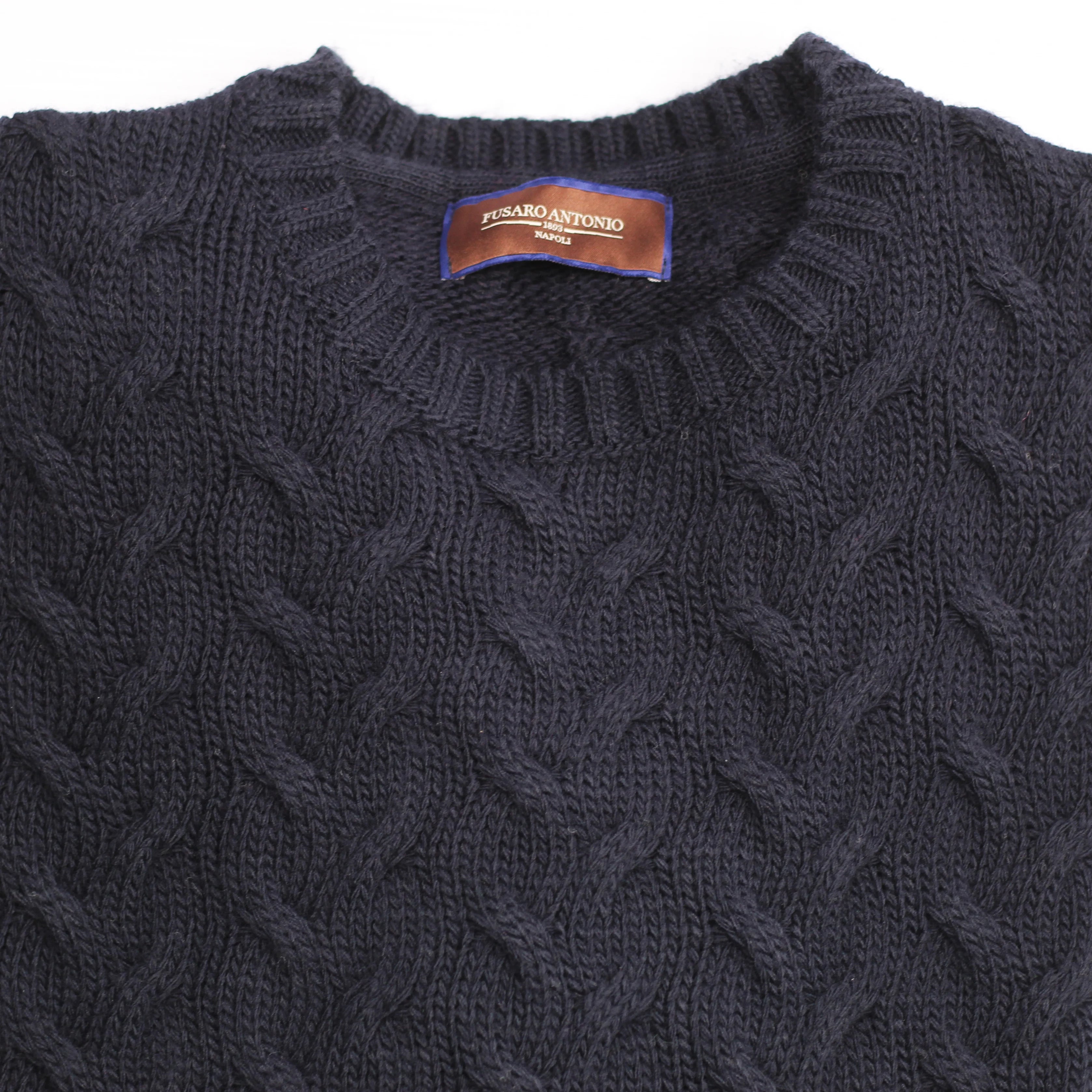 Shop Fusaro Antonio chunky wool blend cable knit jersey in blue (MA25010) or browse our range of men's Italian clothing and shoes in leather in-store at Aliverti Cape Town, or shop online. We deliver in South Africa & offer multiple payment plans as well as accept multiple safe & secure payment methods.