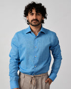 Men's Chambray Cotton-Linen Shirt in Turquoise Blue | CA26001