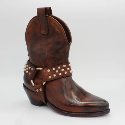 Ladies genuine leather upper & sole Italian low western boot with studs in brown made in Italy exclusively for Aliverti