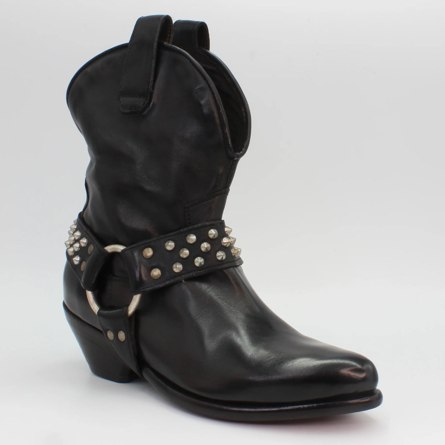 Ladies genuine leather Italian low western boot with studs in black made in Italy exclusively for Aliverti