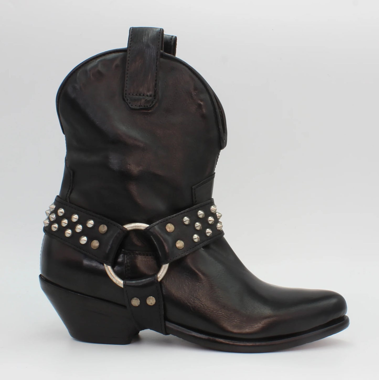 Ladies genuine leather Italian low western boot with studs in black made in Italy exclusively for Aliverti