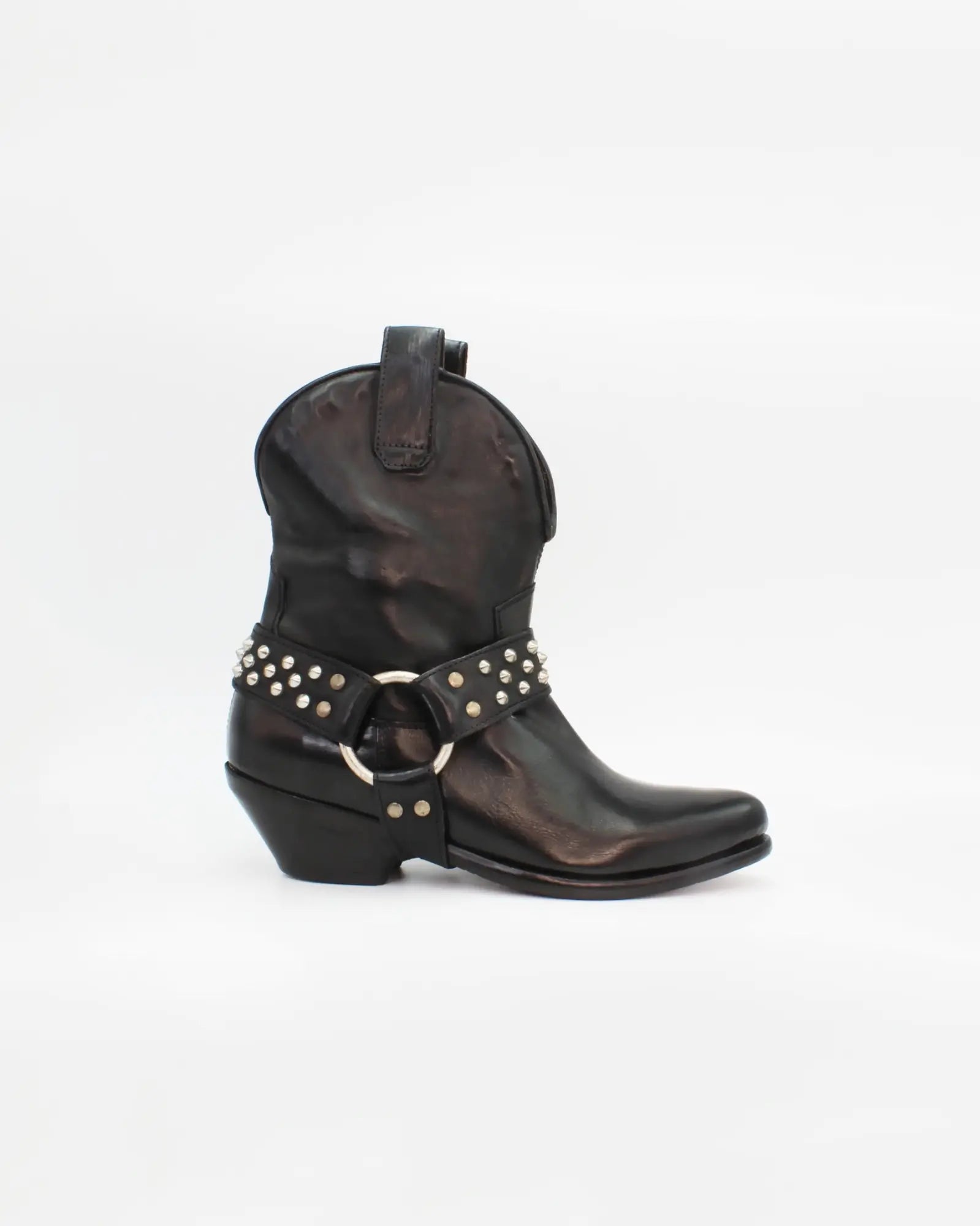 Ladies genuine leather Italian low western boot with studs in black made in Italy exclusively for Aliverti