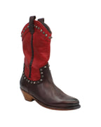 Code: JP34263/4Style: Western bootFeature: studsColour: Red and brownMaterial: Calf leatherSole Material: rubber Made in Italy