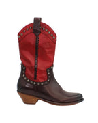 Code: JP34263/4Style: Western bootFeature: studsColour: Red and brownMaterial: Calf leatherSole Material: rubber Made in Italy