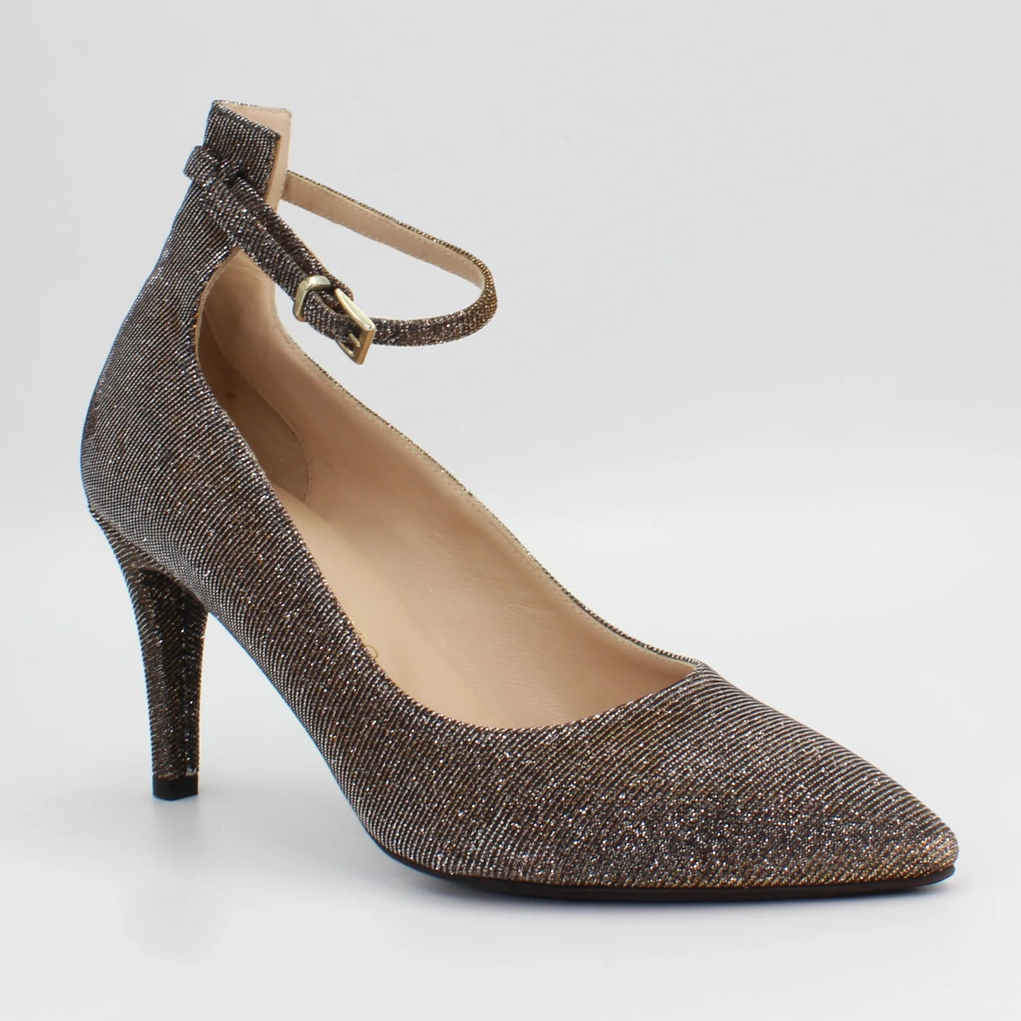 Ladies Glittering Court Shoe. Genuine calf leather and fabric upper and leather sole. made in Italy.