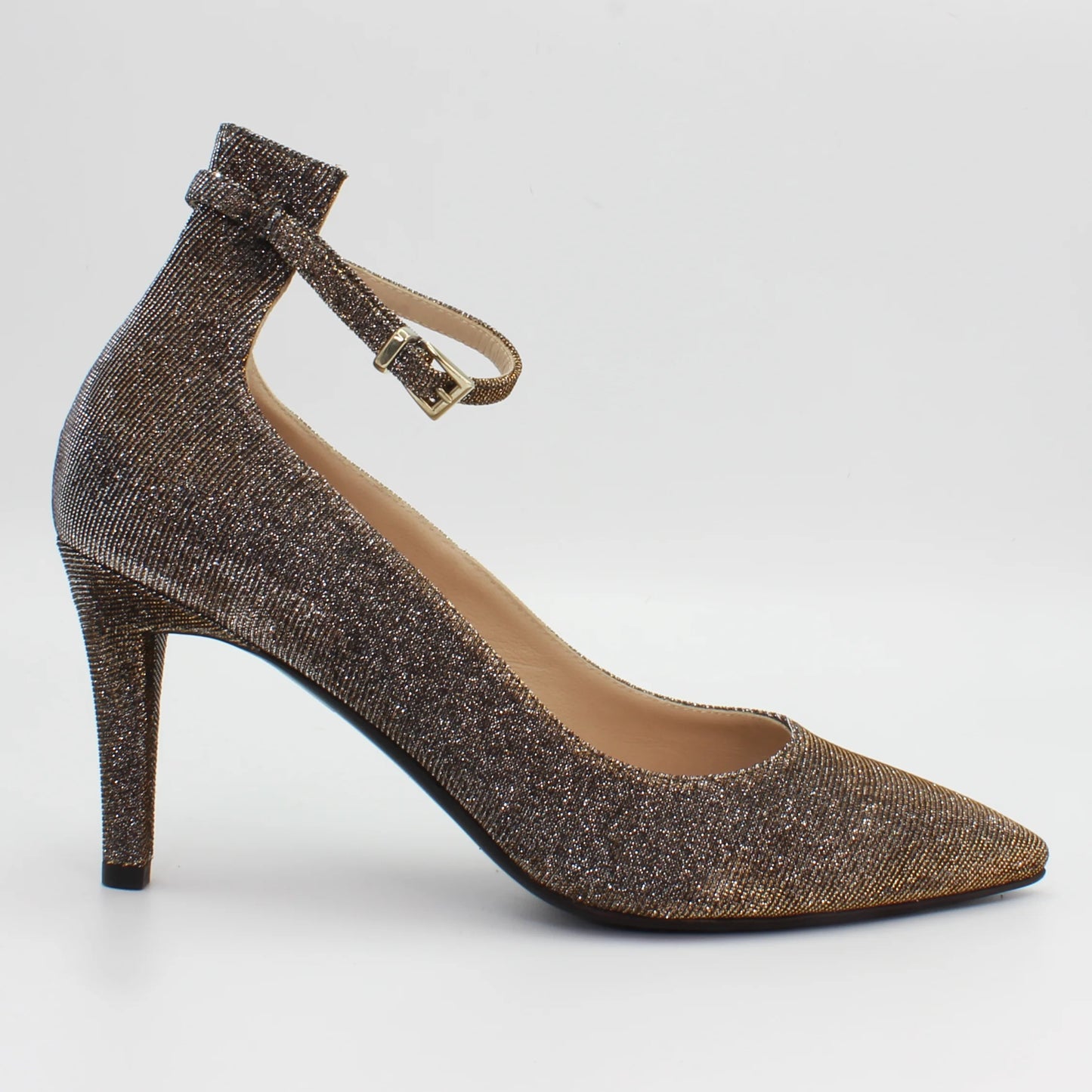 Ladies Glittering Court Shoe. Genuine calf leather and fabric upper and leather sole. made in Italy.