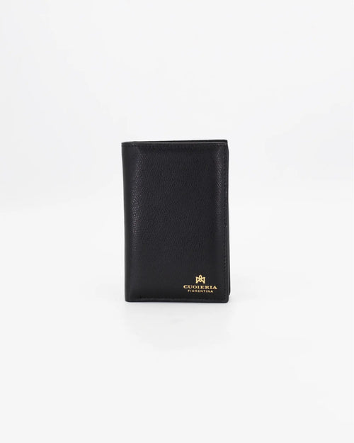 A small, lightweight wallet that can hold all the essentials. To have everything you need with you even on the most important evenings, without sacrificing style.

Internal details: double compartment with button closure, 6 credit card slots, 4 pockets, double bill compartment and zipped purse.
External details: gold embossed logo.
Lining: customised and internal slot in silk.

This soft full-grain calfskin, is worked to obtain an uniform grain, called tumbled leather. The remarkable fullness and roundness 