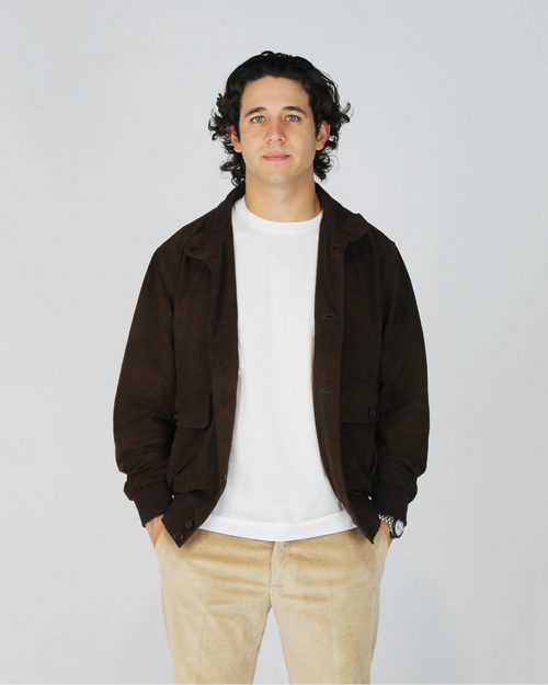 Composition: Premium Suede-Effect Fabric

Colour: Testa Di Moro

Style: Bomber Jacket

Fit: Regular

Collar: Ribbed Crew Neck&nbsp;

Details: Ribbed Cuffs and Hem, Zip Fastening

The Fusaro Antonio Bomber Jacket in Testa Di Moro (Dark Brown) is a wardrobe essential that bridges smart and casual effortlessly. Crafted in a luxurious suede-effect fabric, the rich cognac tone adds warmth and depth to any outfit. Featuring a classic zip-through silhouette with ribbed cuffs, collar and hem, this jacket offers a c