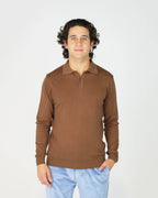 The Fiftieth Men's Cotton Long Sleeve Polo in Tabacco is a refined everyday essential crafted from 100% cotton. Featuring a classic polo collar and a relaxed regular fit, this versatile piece layers effortlessly or stands alone for a clean, polished look.