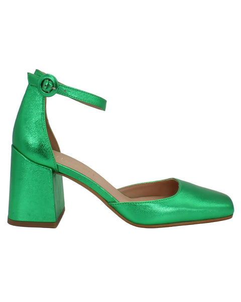 Handmade Italian leather block heel in verde laminato | woman