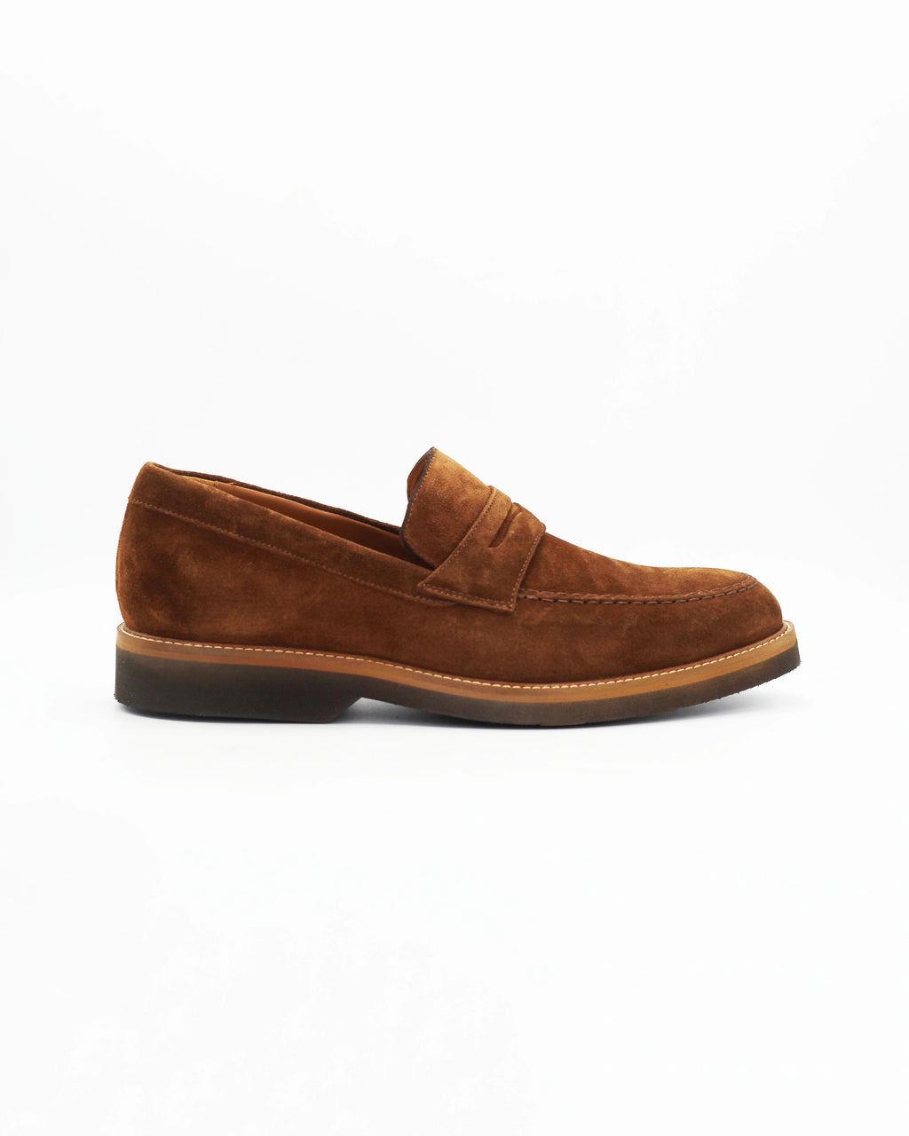 The Men's Penny Moccasin in Suede Brown is a clean, unfussy slip-on that never goes out of style. The rich dark brown suede upper and signature penny strap keep the look classic, while the contrast sole adds a refined finishing touch.

Effortlessly versatile — wear it with tailored trousers, chinos, or casual denim.&nbsp;
Style: Moccasin
Feature: Penny Feature
Colour: Marrone Tan
Material: Calf Leather Suede
Sole Material: Rubber

Code: MER8395

Made in Italy