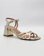 Shop the OPERA6 block heel sandal in shimmering platino calf leather. Strappy upper, secure ankle strap, and a comfortable rubber sole, made in Italy. Party-perfect.