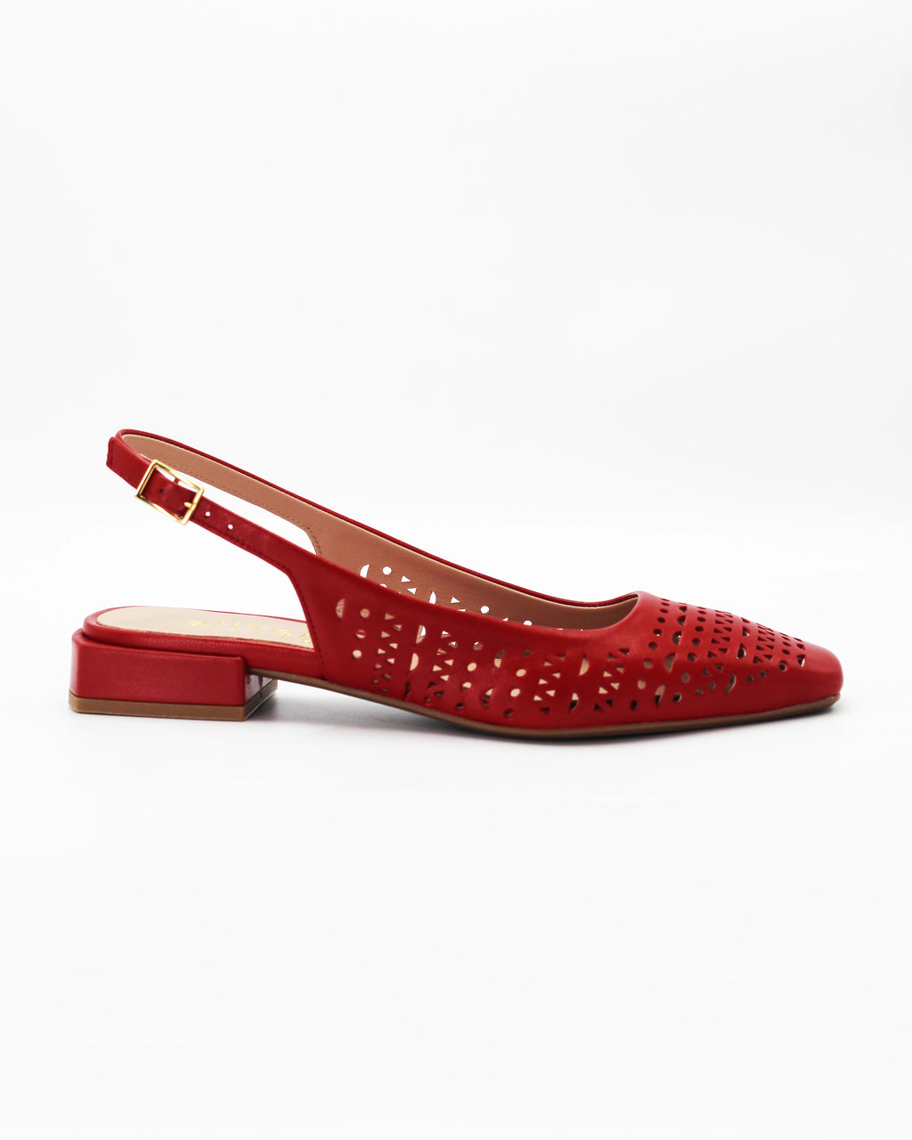 Shop the DARIA95 slingback flat in red calf leather. Italian-made with laser cut-out detailing, an adjustable slingback strap, and rubber sole. Effortless everyday elegance.