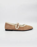 Shop the ESE6018 ballerina flat in taupe suede calf leather. Italian-made with cosy faux fur trim, a buckle strap, and rubber sole. Soft everyday elegance.