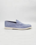 Shop the D032018 slip-on loafer in light blue suede calf leather. Italian-made with a soft unstructured silhouette and rubber sole. Relaxed everyday elegance.