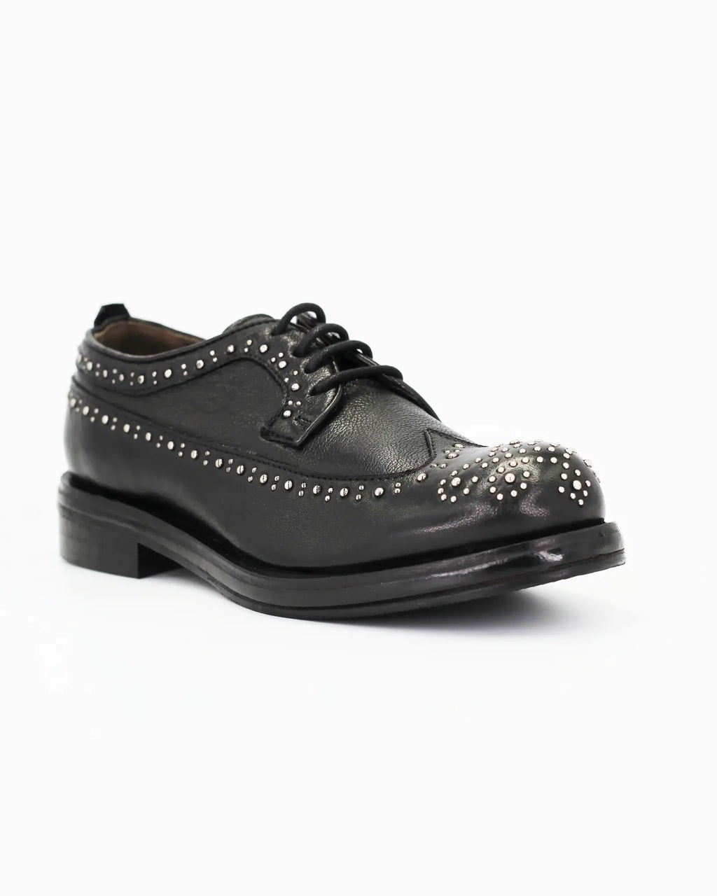 Ladies genuine leather Italian Oxford Brogue Derby in Black with metal studs made in Italy exclusively for Aliverti