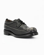 Ladies genuine leather Italian Oxford Brogue Derby in Black with metal studs made in Italy exclusively for Aliverti