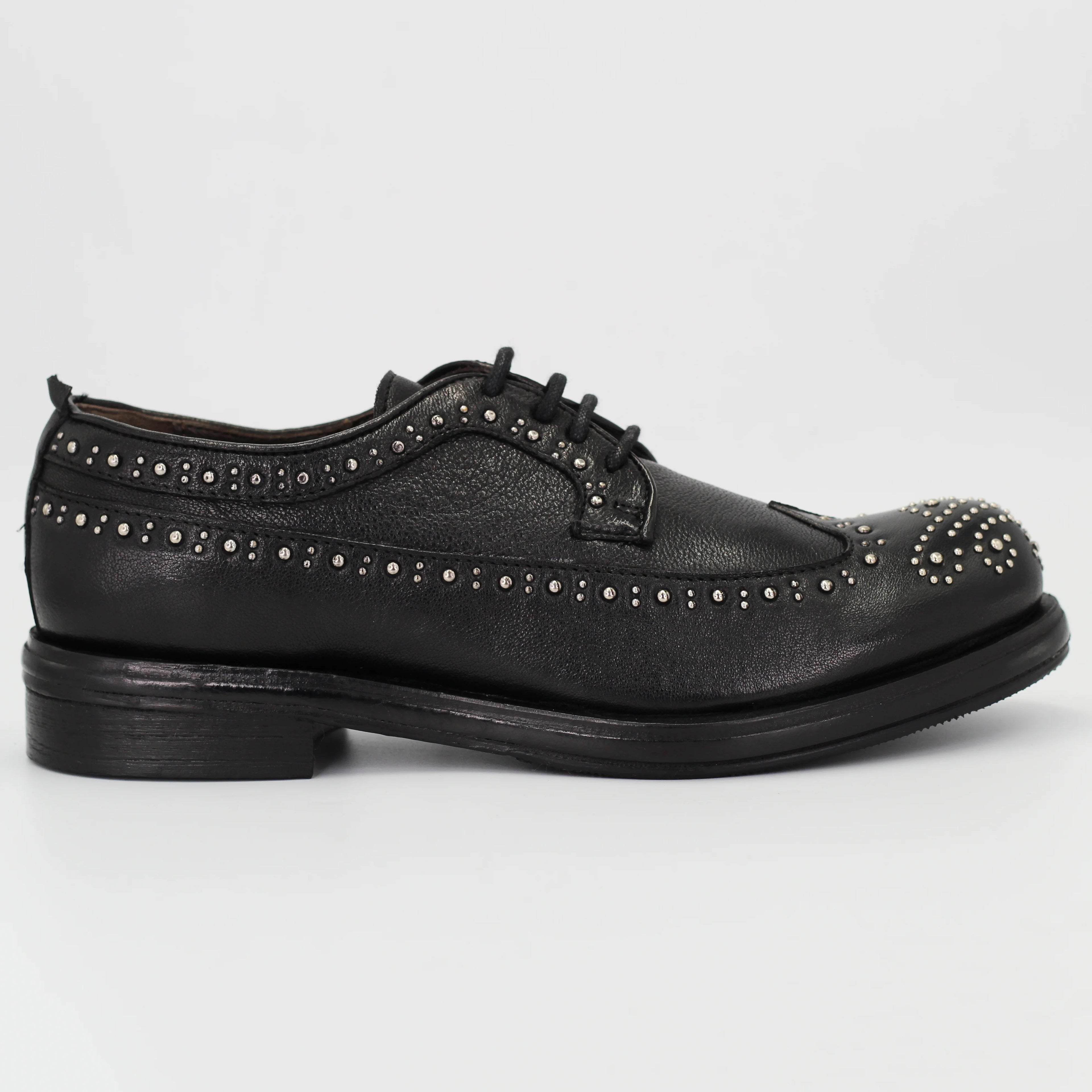 Women's Derby Brogue with Studs in Calf Leather in Nero Black (JPD0828/7)