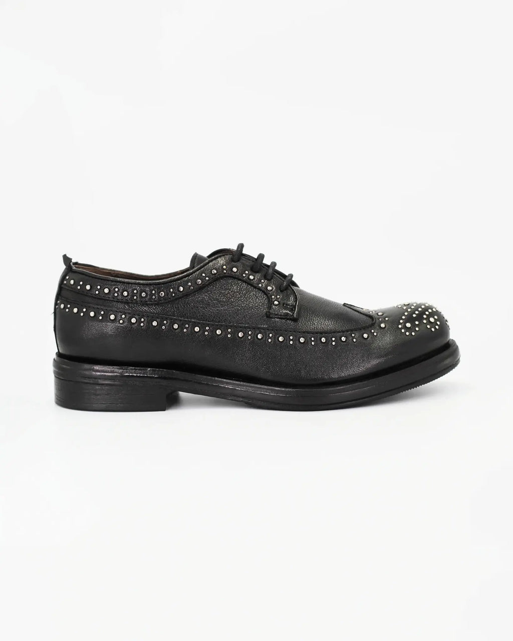 Ladies genuine leather Italian Oxford Brogue Derby in Black with metal studs made in Italy exclusively for Aliverti