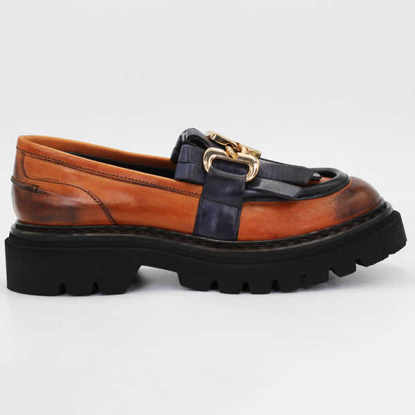 Women's chunky loafer in calf leather cuoio and blue Women