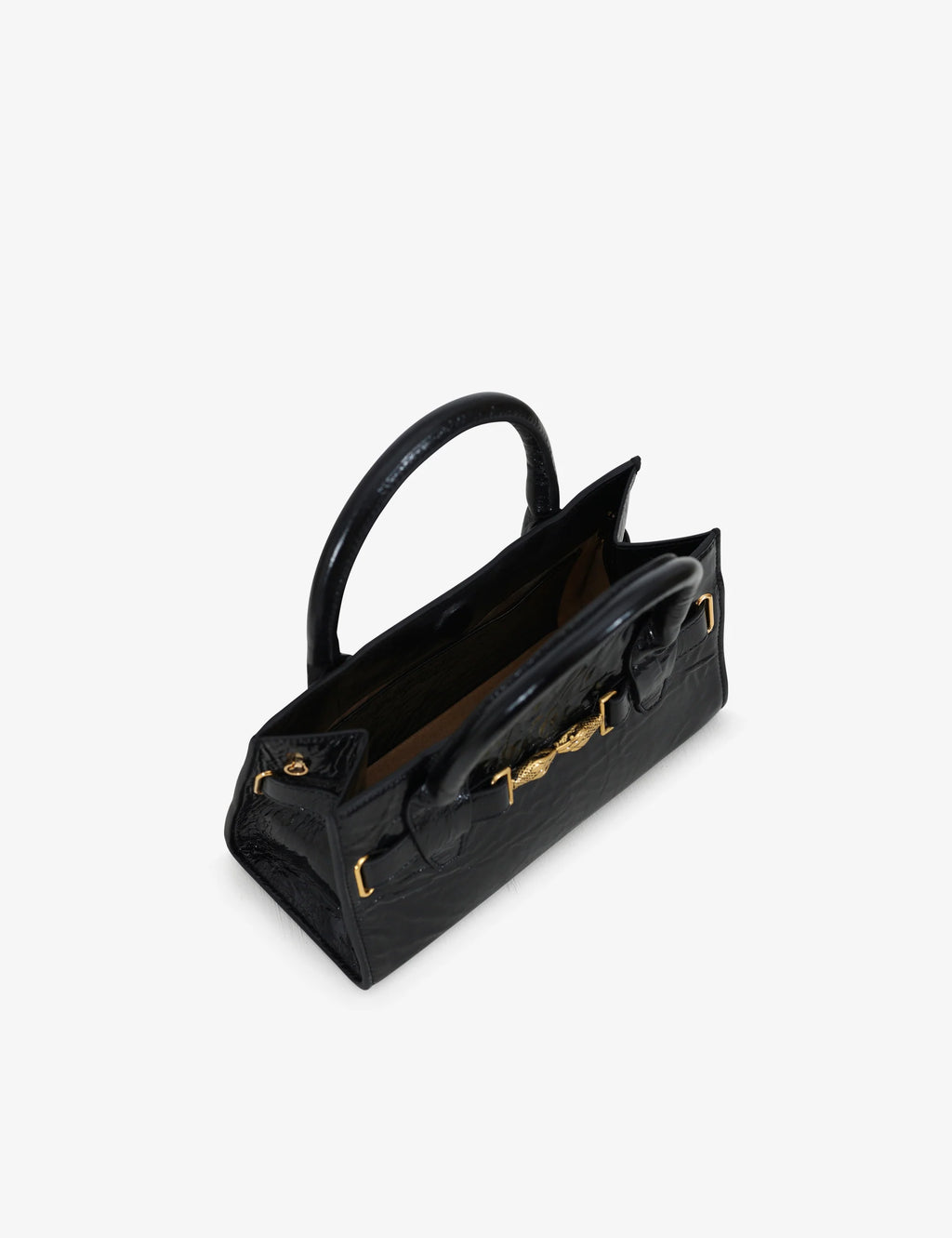 Mini bag made of precious lambskin with a crumpled effect and a delicate glossy finish, with double handles and a removable leather shoulder strap.
The bag is embellished on both the front and back with the iconic Tramontano archive accessory, in handcrafted gold-plated brass.
Top closure with magnet.

Microfiber lining.&nbsp;Gold-finish accessories.

Material:&nbsp;Moon lamb
Dimensions:&nbsp;25x13x10.5 cm