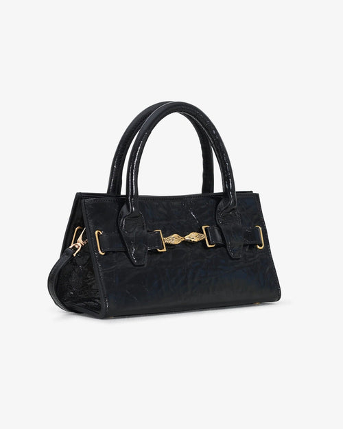 Mini bag made of precious lambskin with a crumpled effect and a delicate glossy finish, with double handles and a removable leather shoulder strap.
The bag is embellished on both the front and back with the iconic Tramontano archive accessory, in handcrafted gold-plated brass.
Top closure with magnet.

Microfiber lining.&nbsp;Gold-finish accessories.

Material:&nbsp;Moon lamb
Dimensions:&nbsp;25x13x10.5 cm