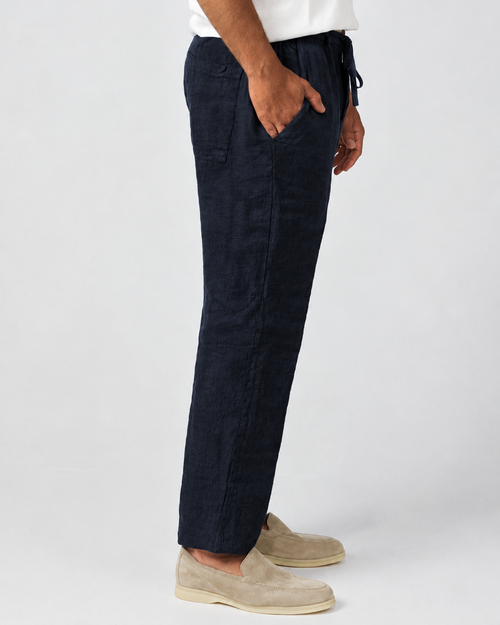 Navy Blue 100% linen drawstring trousers, Amalfi by Aliverti, made in Italy.